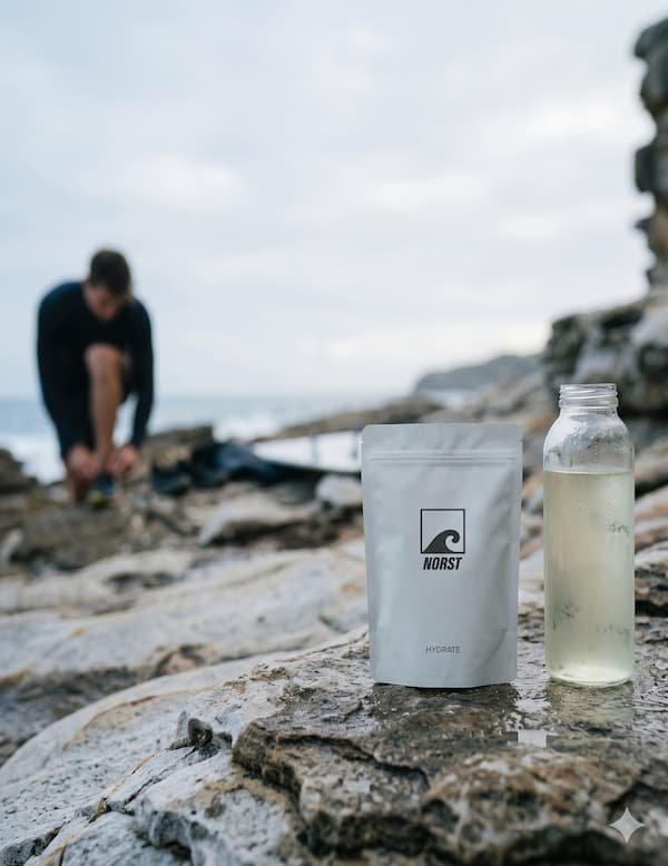 A Norst Hydrate pouch and a bottle of water on a rocky shore