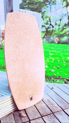 A rider balancing on a Norst board and roller on garden decking
