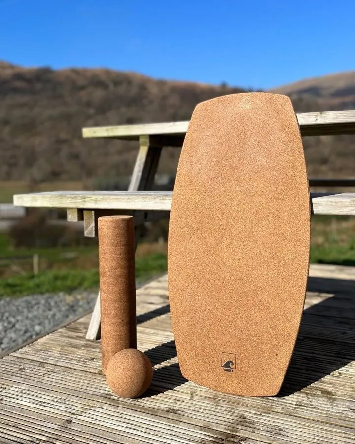 A Norst cork balance board and roller in front of a picnic bench